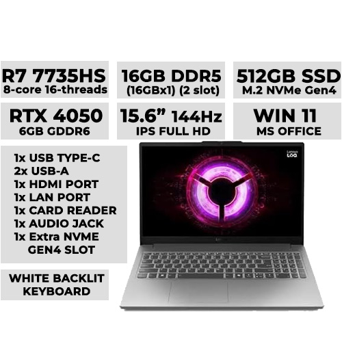 Lenovo LOQ Essential 15ARP10E 83S000BYPH Gaming Laptop 15.6" 144hz IPS | Ryzen 7 7735HS | 16GBx1 DDR5 (2 slot) | 512GB NVMe | RTX 4050 6GB